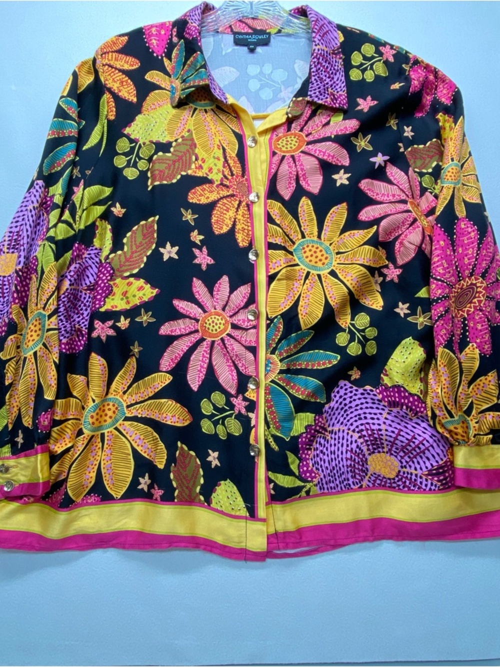 Cynthia Rowley Black Floral Button-Up Blouse Top w/ Vivid Yellow Pink Purple 2X